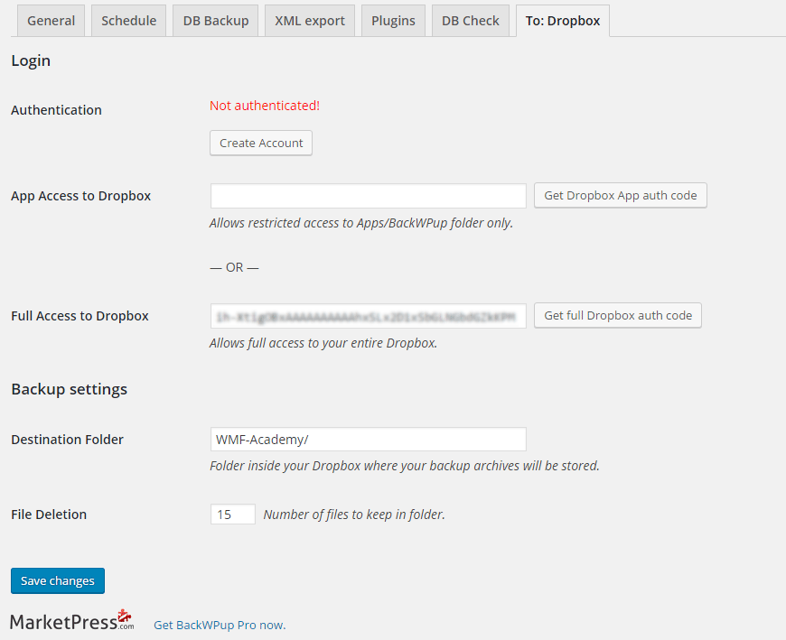 BackWPup Dropbox authentification