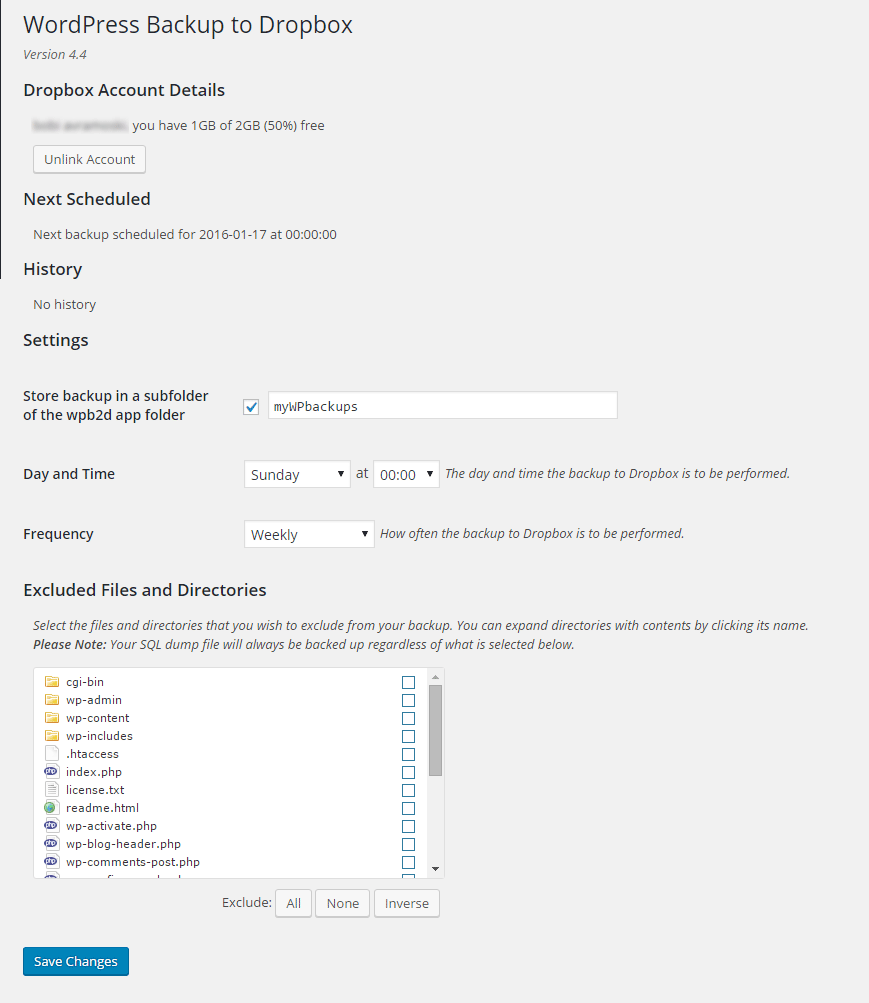 WordPress Backup to Dropbox Settings