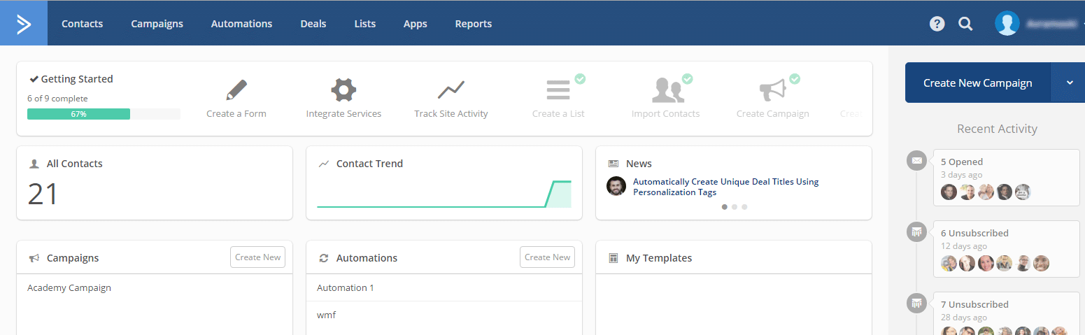 activecampaign dashboard