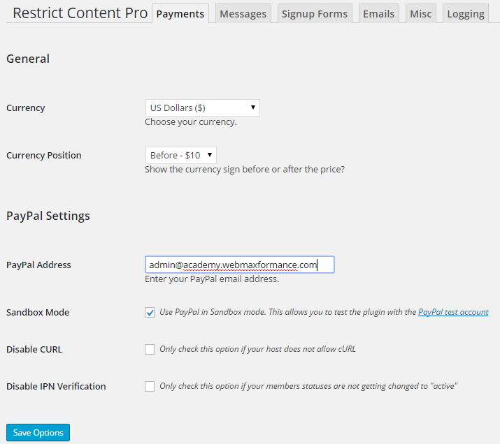 restrict content pro payment settings