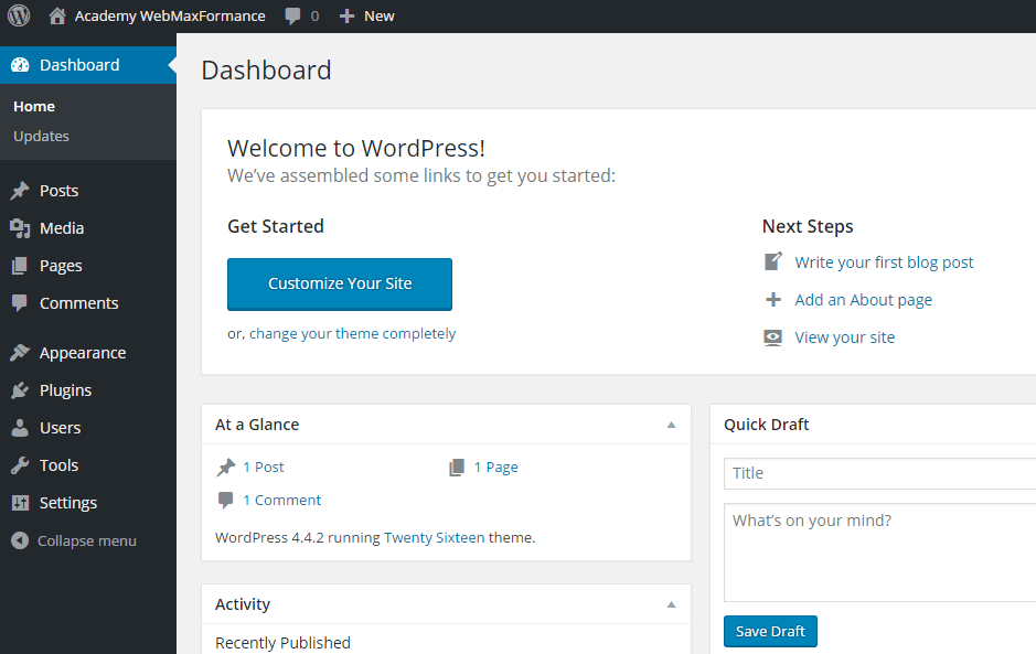 WordPress dashboard