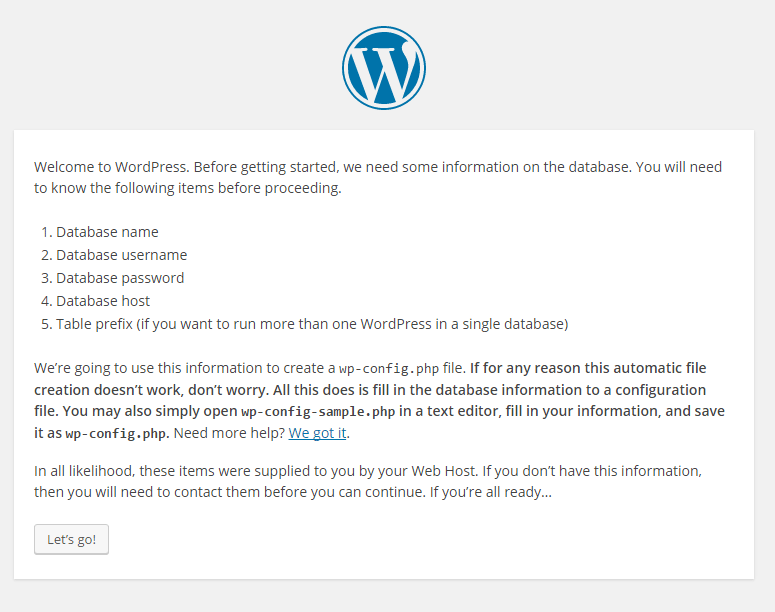 WordPress installation lets go