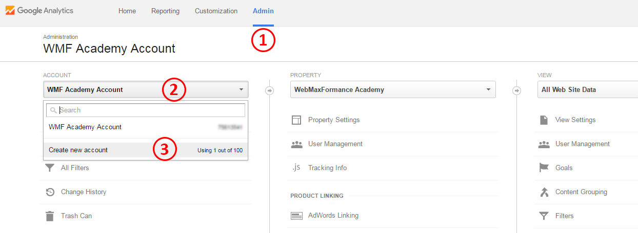 google analytics creating new account on existing