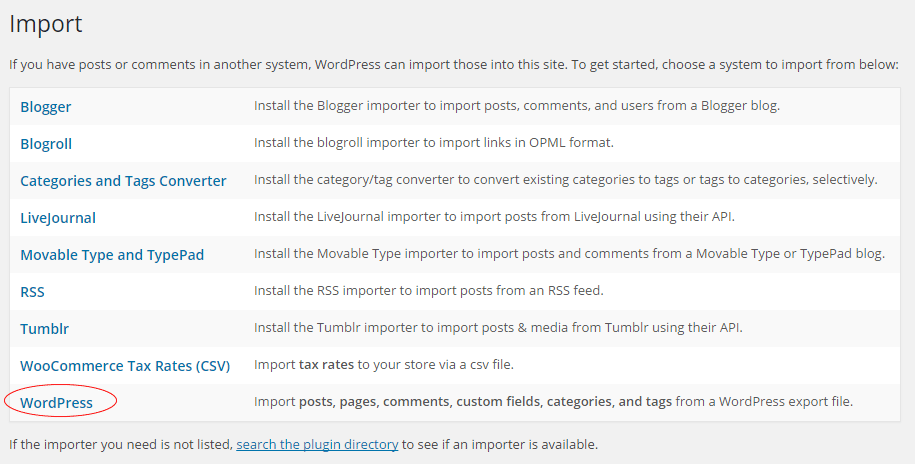 installing the wordpress importer