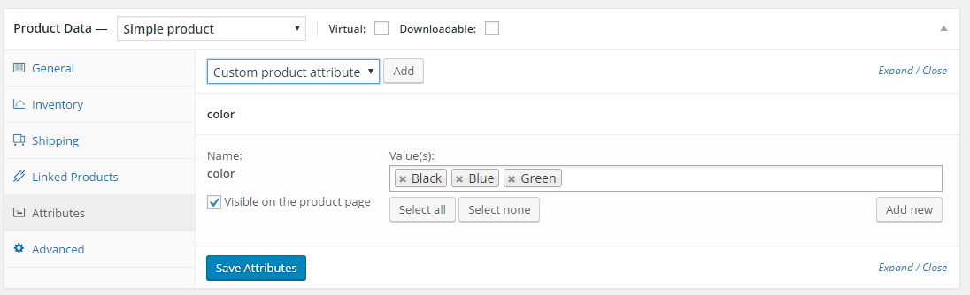 woocommerce attributes