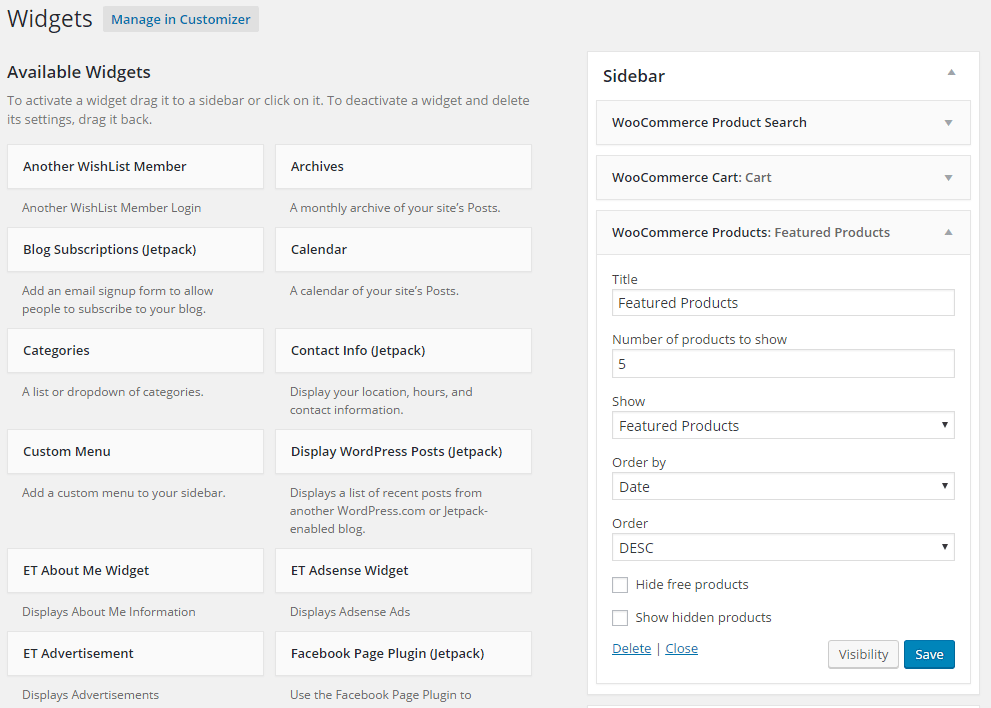 woocommerce sidebar backend