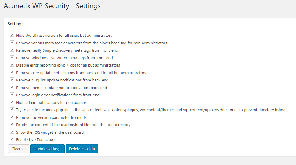 acunetix wp security all settings