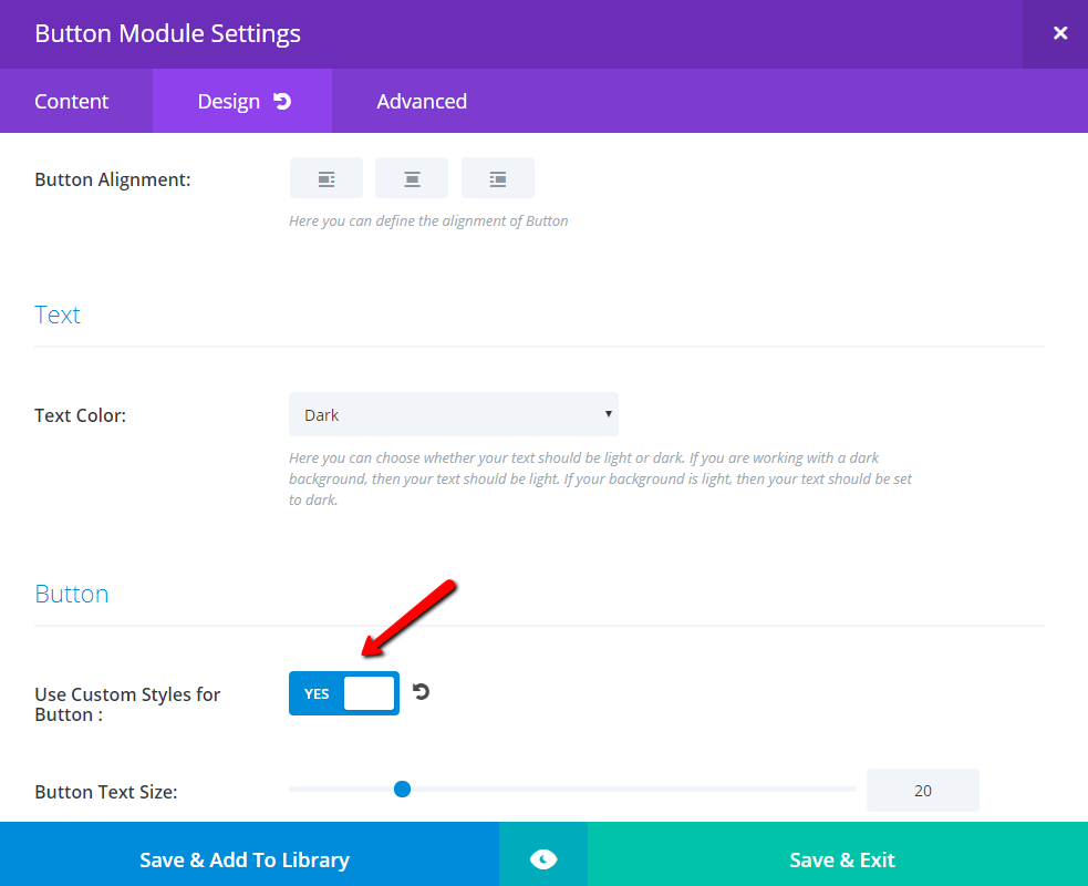 Figure 12. Advanced design settings for the button