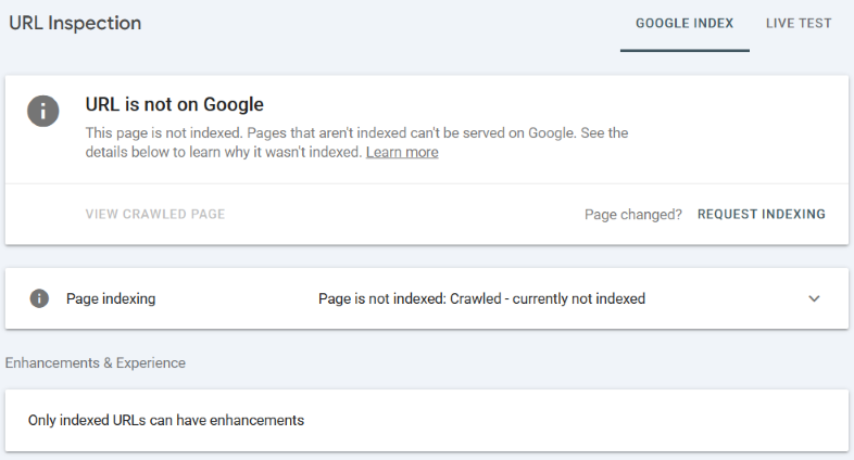 URL Inspection - not indexed